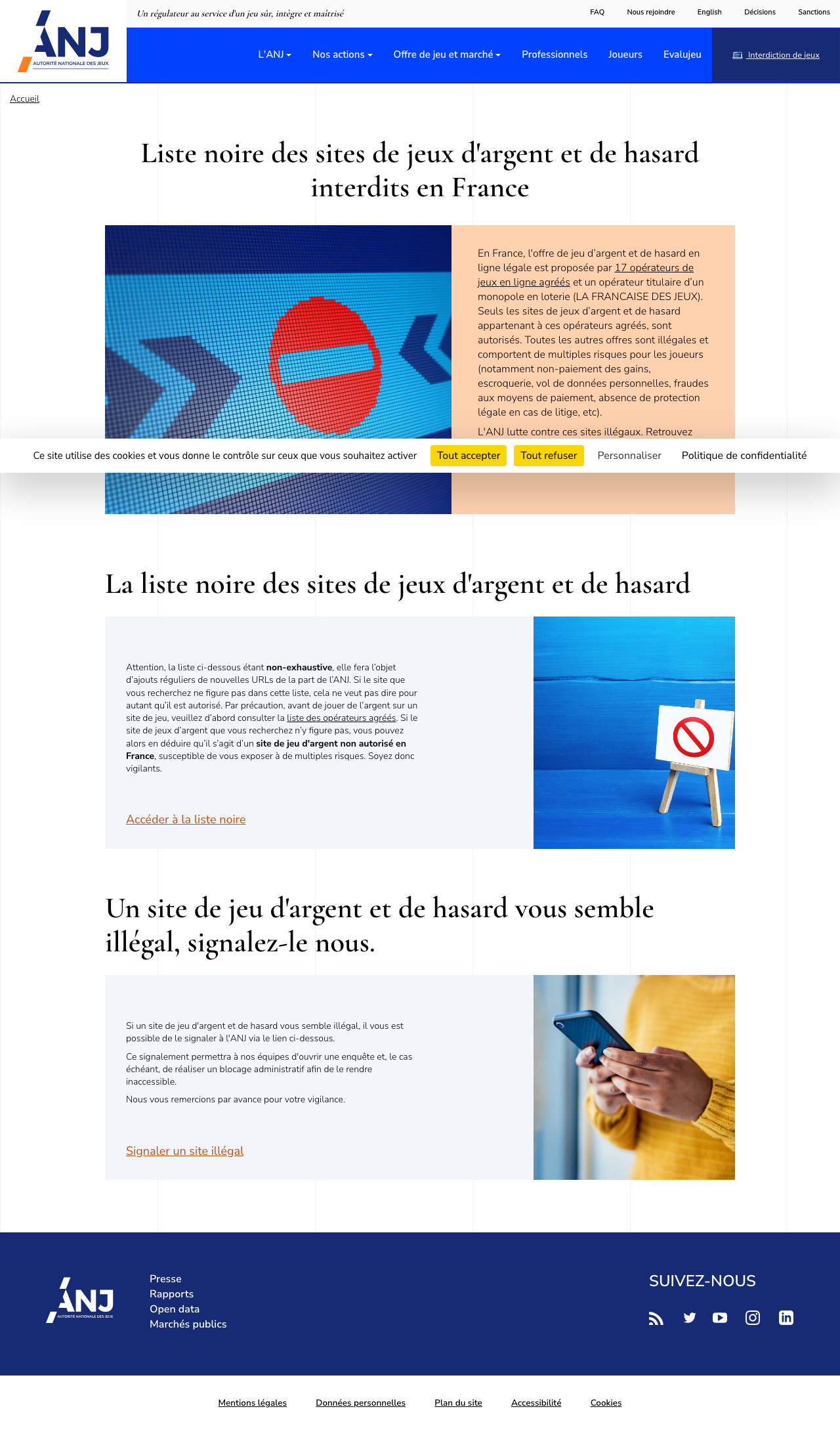 Dated capture of ANJ guidance on unauthorised gambling sites in France